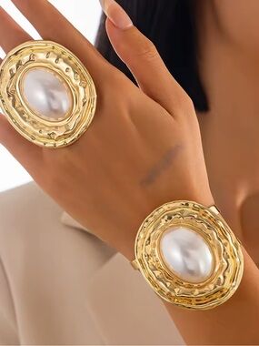 Anthropologie Gold and White Pearl Hammered Cuff Bracelet